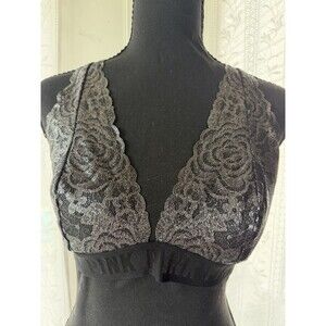 Victoria's Secret Pink Lace T-Back Halter Bralette Black Large Silver Floral